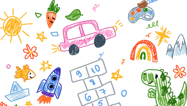 White paper with children’s colored drawings of the sun, a car, a rocket ship, a dinosaur and other items.