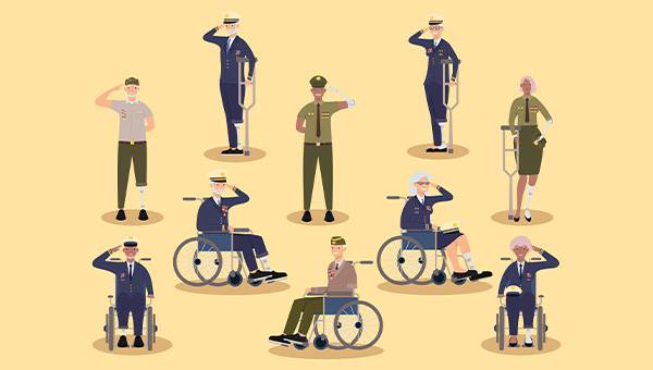 Veterans women and men with prosthetics on yellow background.
