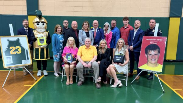 Members of the Moyer family, Sen. Rosemary Brown, school leaders and community advocates gather at Notre Dame Jr./Sr. High School to mark the enactment of Greg Moyer’s Law (Act 17 of 2026). The law expands access to automated external defibrillators (AEDs) and strengthens emergency action planning at PIAA sanctioned athletic events, honoring the legacy of Greg Moyer and advancing student athlete safety across Pennsylvania.
