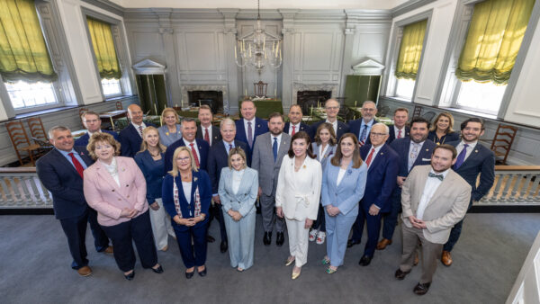 25 Pennsylvania Senate Republicans stand together in Independence Hall in Philadelphia.