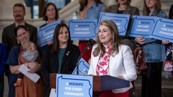 Sen. Rosemary M. Brown speaks at a Capitol press conference alongside supporters advocating for expanded maternal healthcare access and the goals behind the Midwifery Modernization legislation.