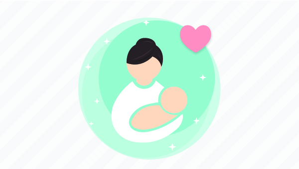 Mother holding baby with heart-shaped image nearby.