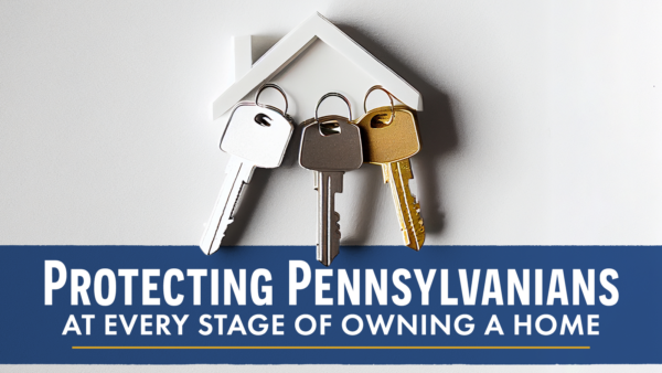 Keys hung on house-like key hook with protecting Pennsylvanians at every stage of owning a home shown underneath