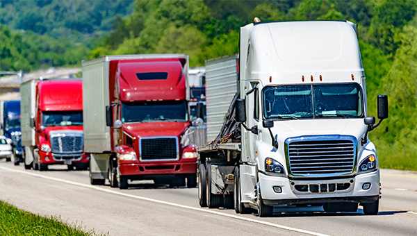 Three tractor trailer trucks on an asphalt highway bordered by trees.