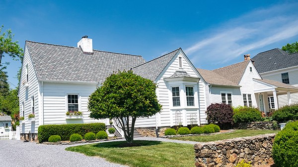 Exterior of white house with green tree and landscaping in front.