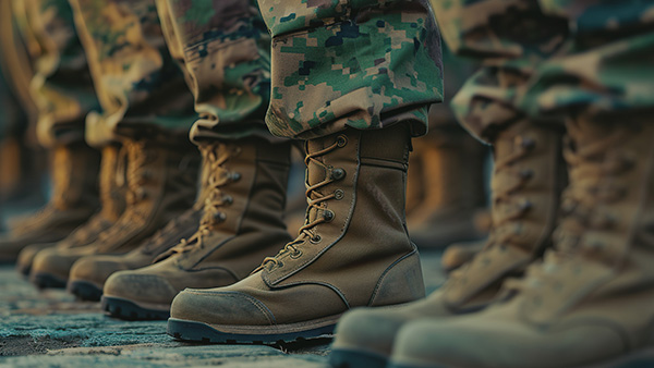 Closeup view military boots and pants worn by people standing in a row.