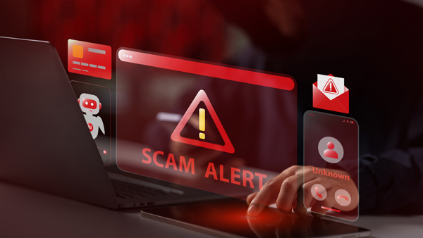 Computer laptop projecting an image that reads “Scam Alert.”