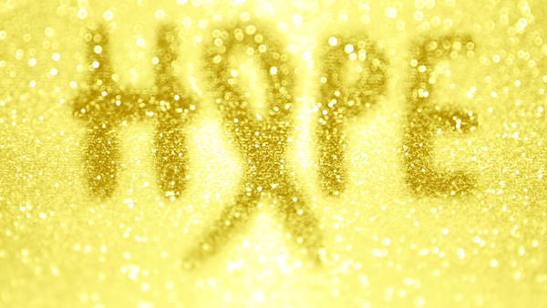 The word “HOPE” with a yellow ribbon for the letter O.