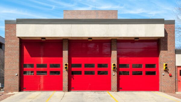 Red garage doors of a fire station.