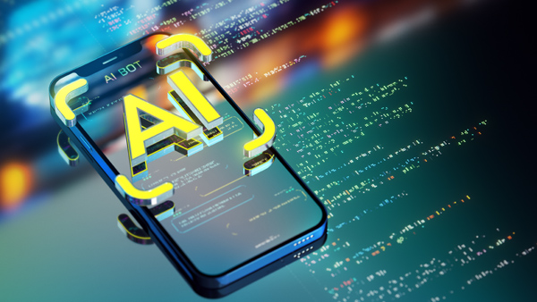 Cellphone with letters “AI” overlayed and computer code in background.