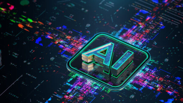 Powerful AI processor on futuristic PCB. A Look into the Future. Futuristic AI icon processing data. Glowing data transfer flowing from the inside.