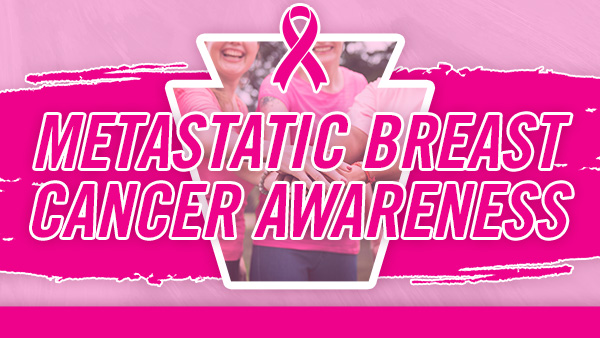 A pink ribbon and pink lettering reading “Metastatic Breast Cancer Awareness.”