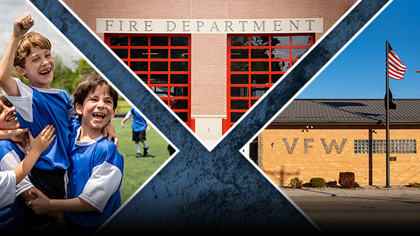Three images depicting a fire station, VFW building and youth soccer players
